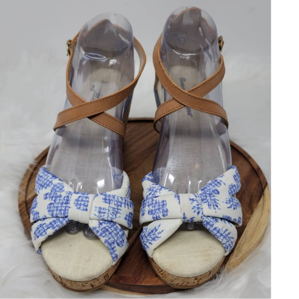 Tommy Bahama Blue White Tan Cork Wedge 3" Heel Women's Strappy Sandals 10